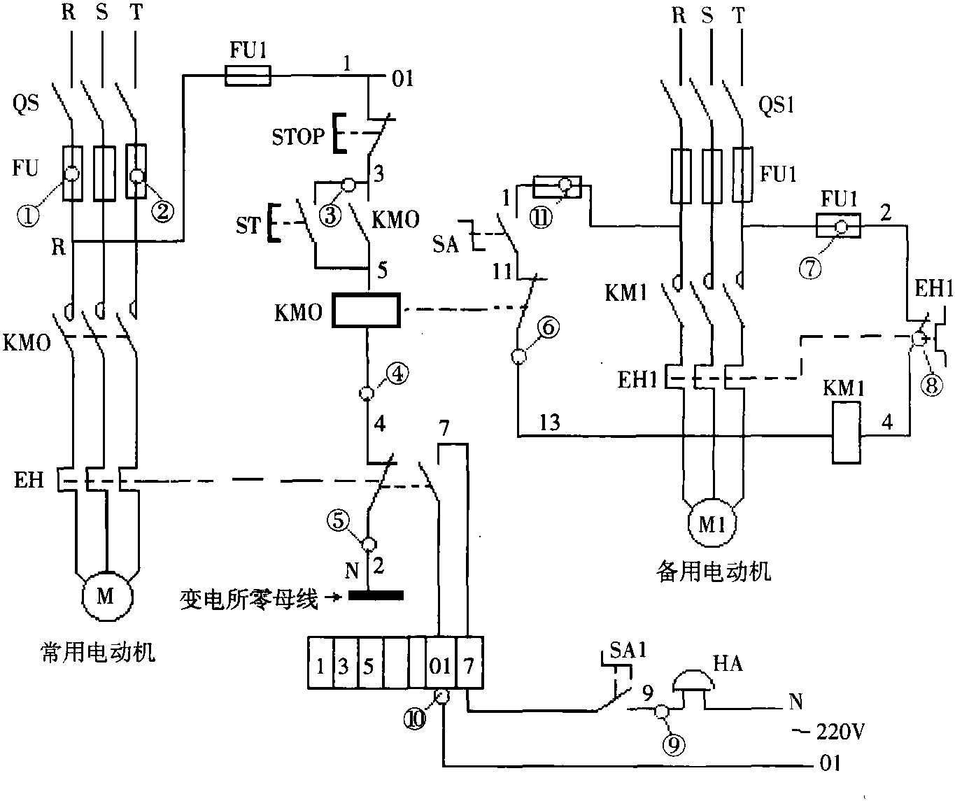 五、常用電動(dòng)機(jī)過(guò)載停機(jī)，備用電動(dòng)機(jī)自啟動(dòng)控制電路